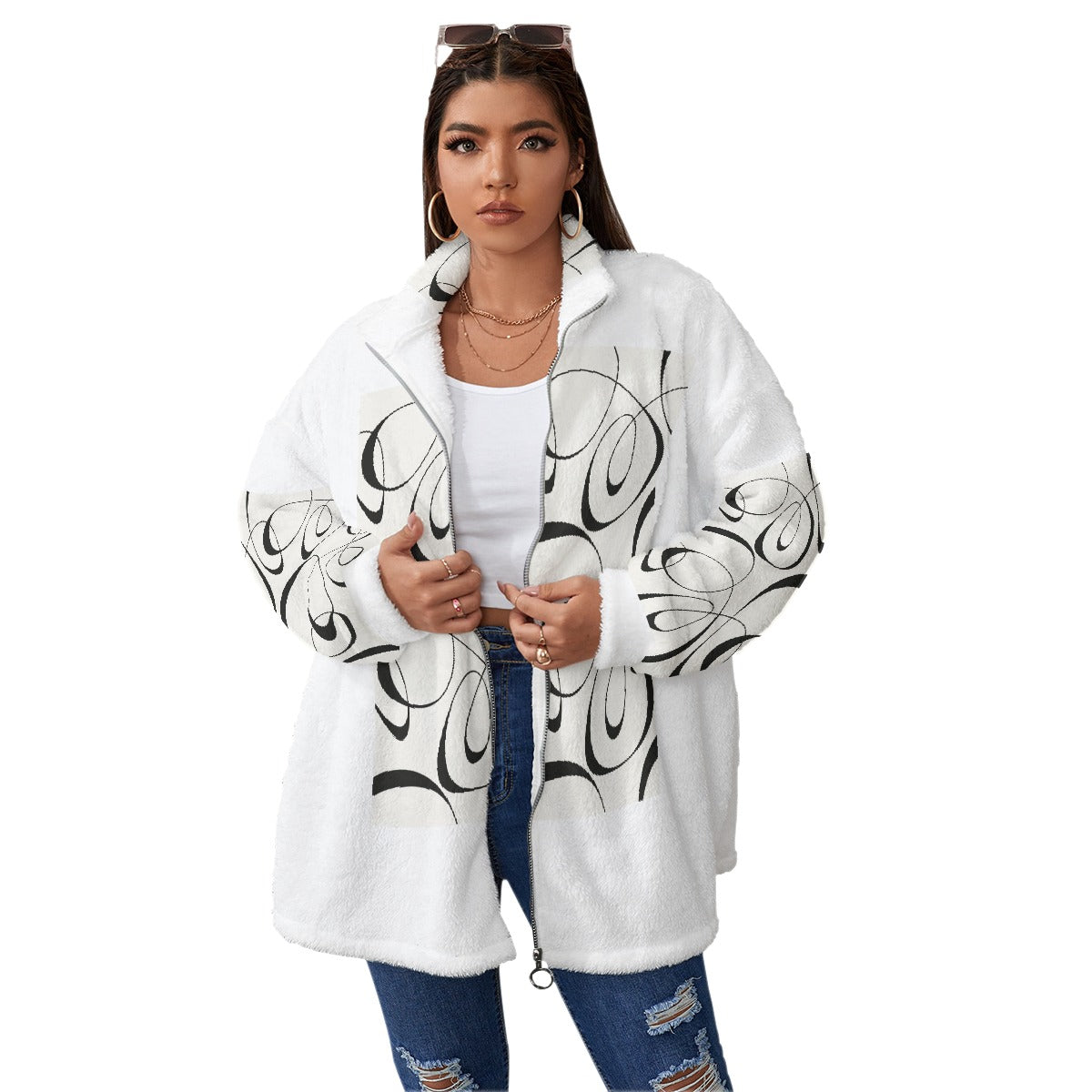 All-Over Print Unisex Borg Fleece Stand-up Collar Coat With Zipper Closure(Plus Size)