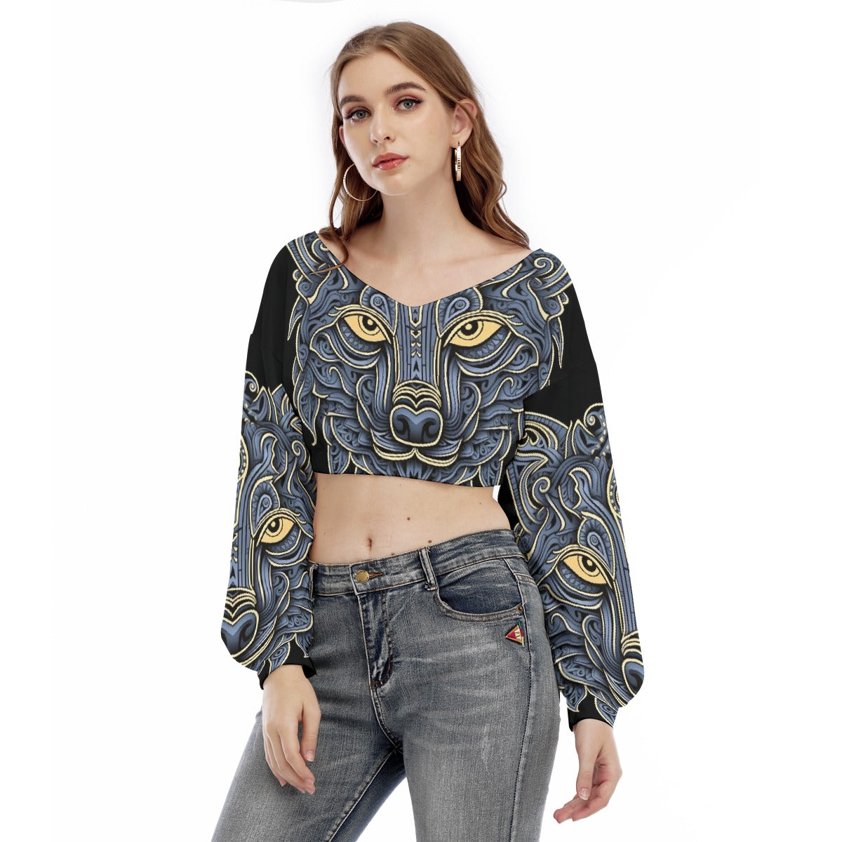 All-Over Print Women's V-neck Long Sleeve Cropped Sweatshirt