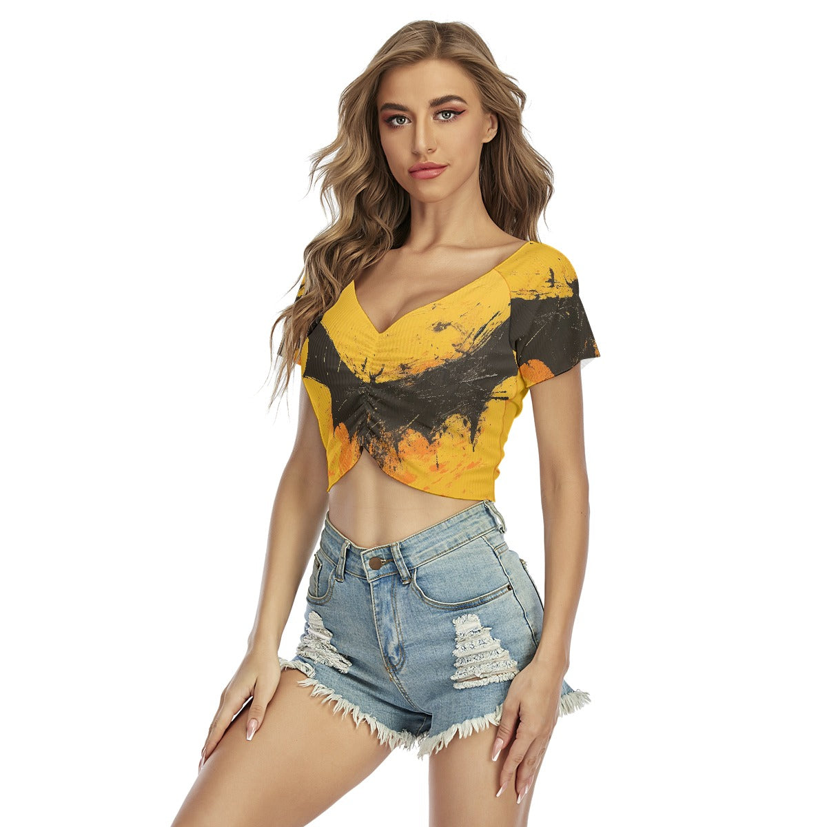 All-Over Print Women's Raglan Drawstring Front  Crop Tee