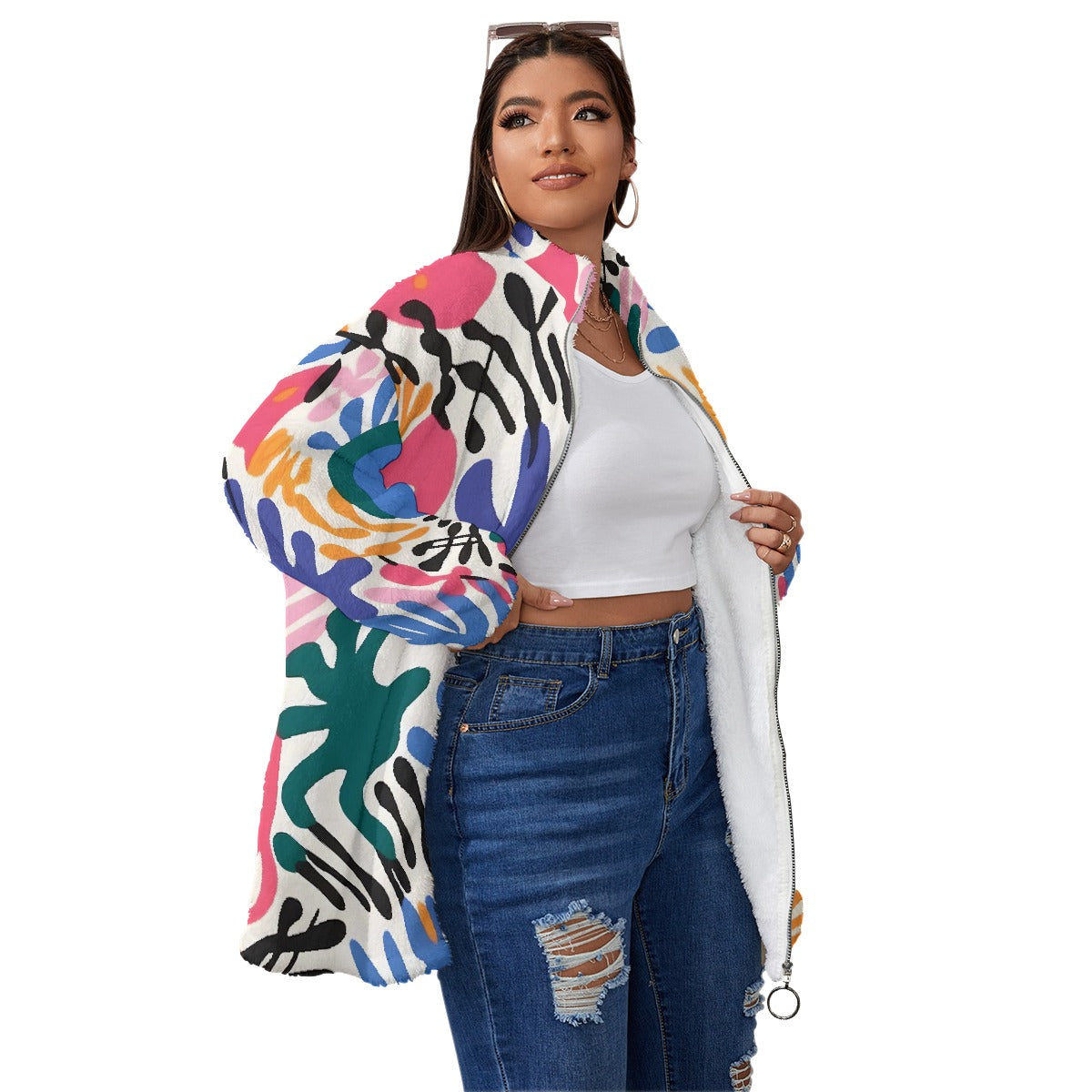 All-Over Print Unisex Borg Fleece Stand-up Collar Coat With Zipper Closure(Plus Size)