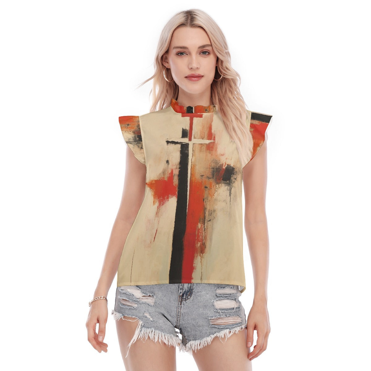 All-Over Print Women's Blouse With Ruffle Collar And Sleeve