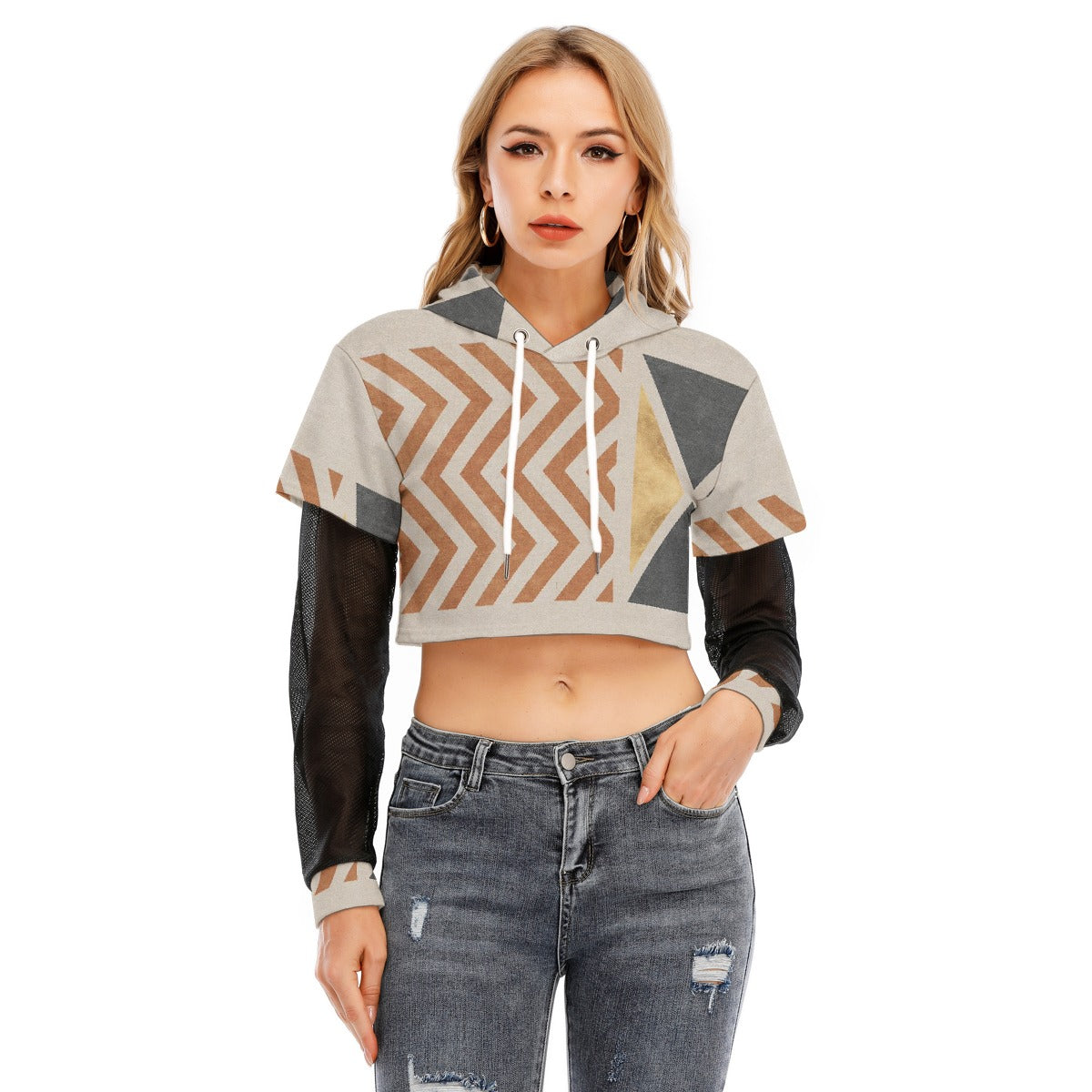All-Over Print Women's Fake Two-piece Mesh Sleeve Cropped Hoodie