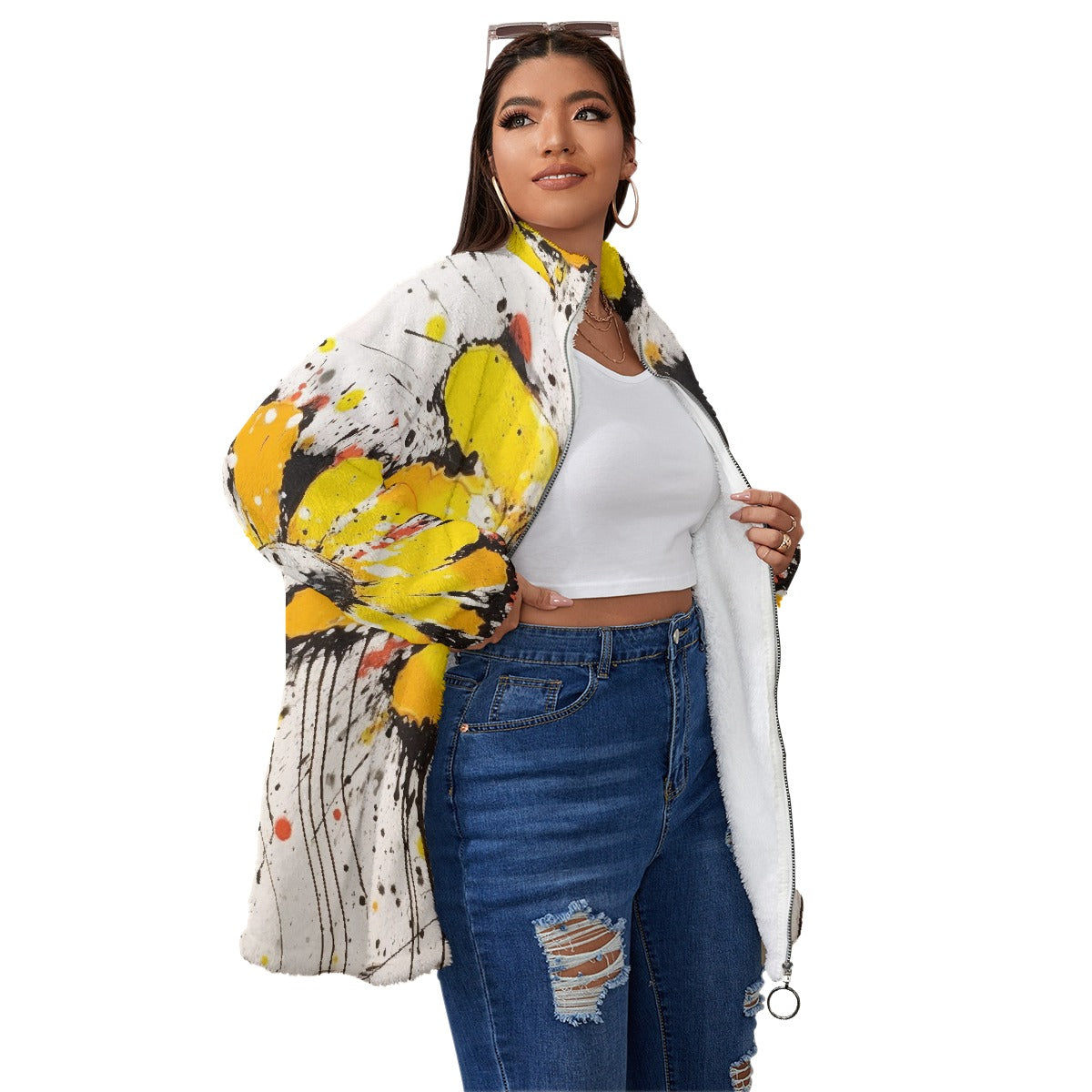 All-Over Print Unisex Borg Fleece Stand-up Collar Coat With Zipper Closure(Plus Size)