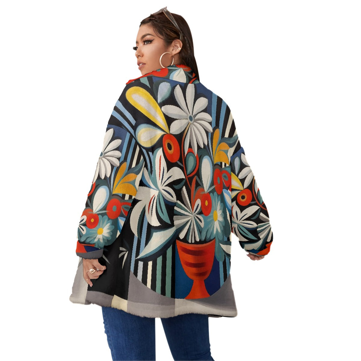 All-Over Print Unisex Borg Fleece Stand-up Collar Coat With Zipper Closure(Plus Size)