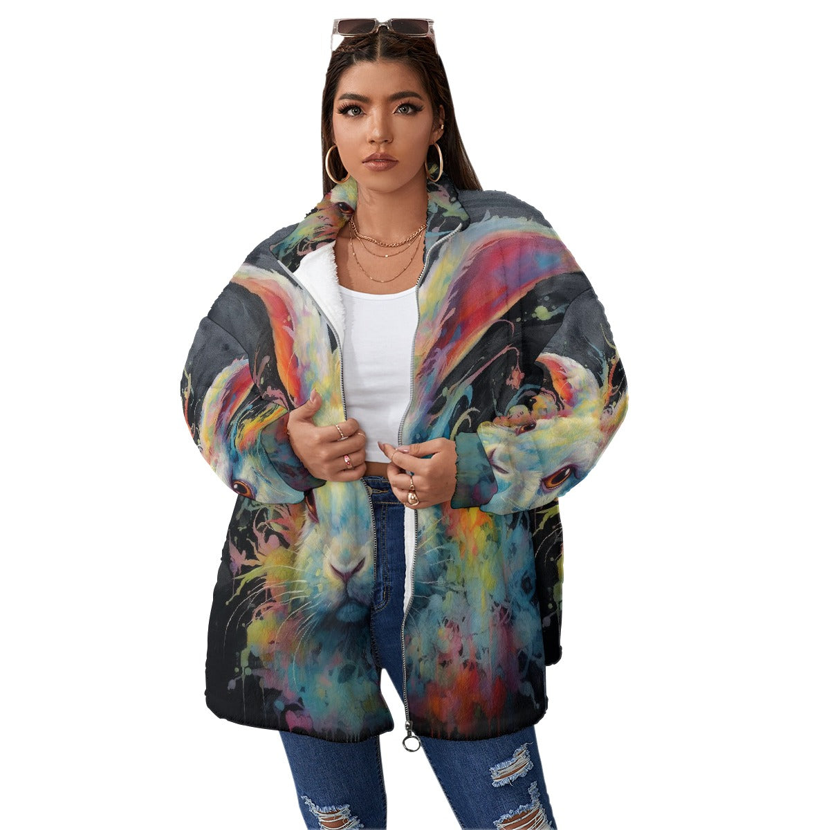 All-Over Print Unisex Borg Fleece Stand-up Collar Coat With Zipper Closure(Plus Size)