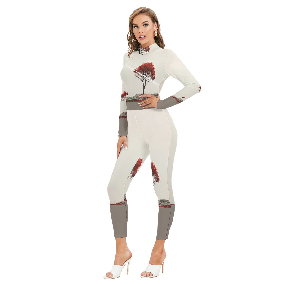 All-Over Print Women's Long-sleeved High-neck Jumpsuit With Zipper