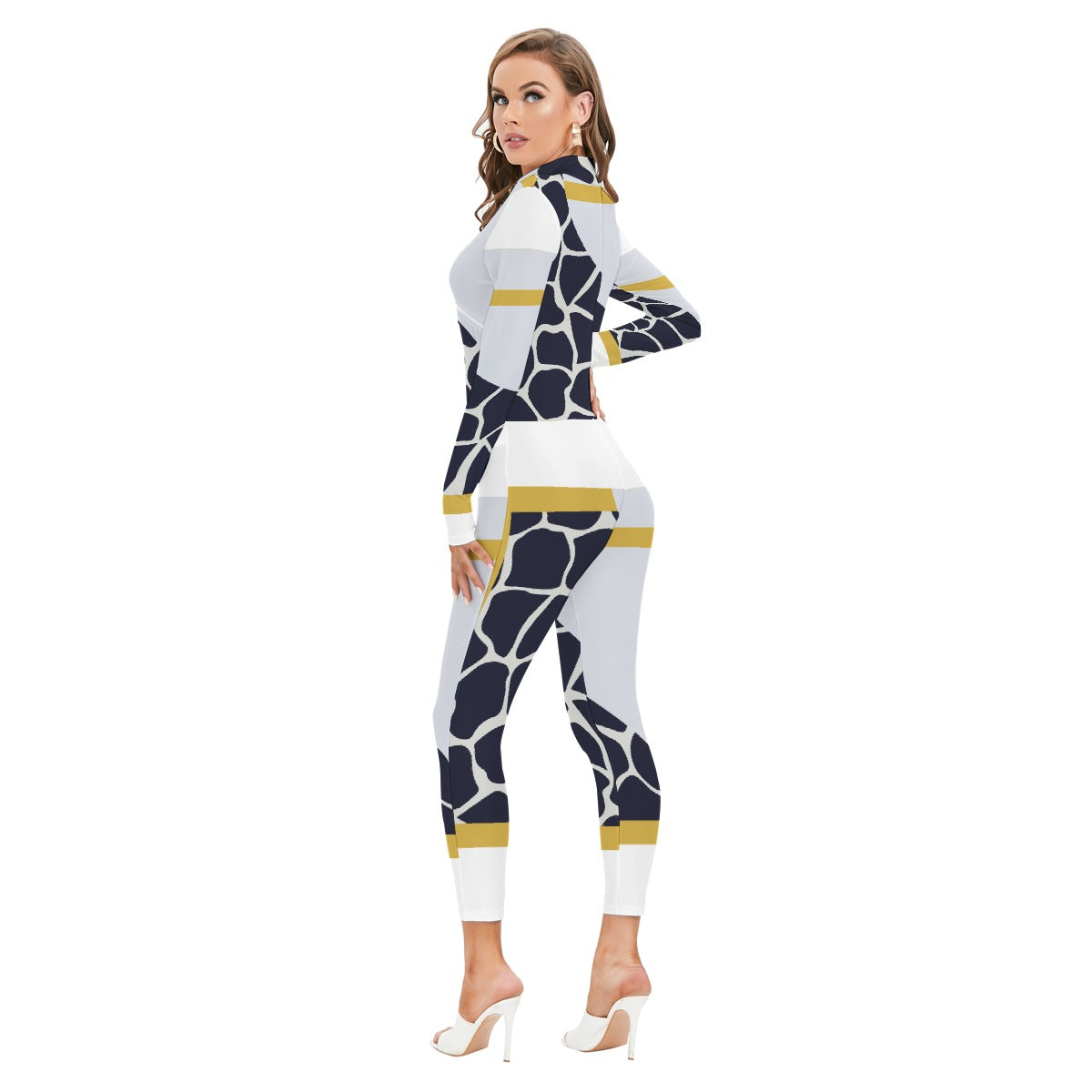 All-Over Print Women's Long-sleeved High-neck Jumpsuit With Zipper