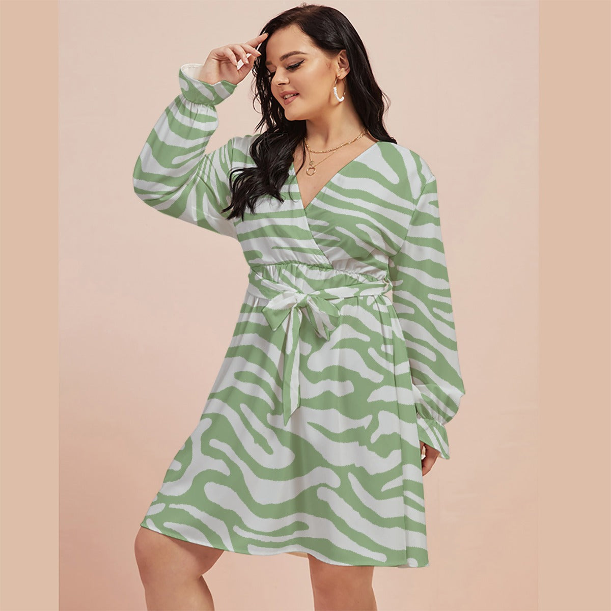 All-Over Print Women's V-neck Dress With Waistband(Plus Size)