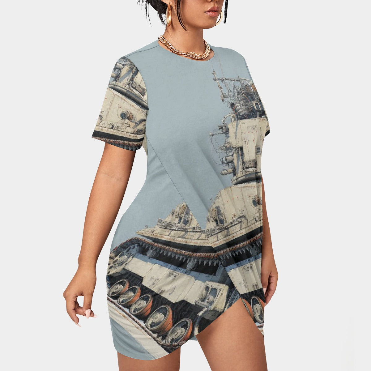 All-Over Print Women’s Stacked Hem Dress With Short Sleeve（Plus Size）