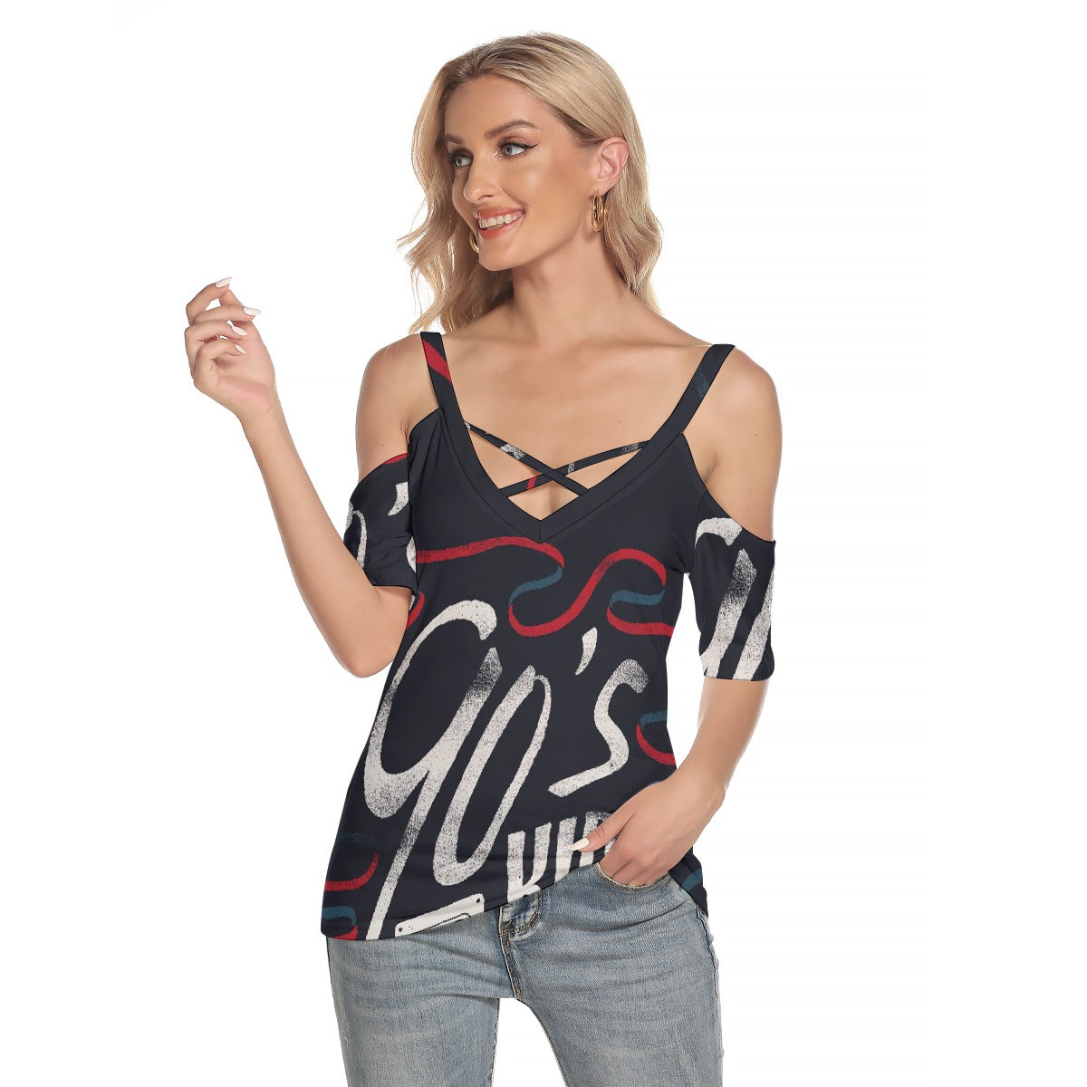 All-Over Print Women's Cold Shoulder T-shirt With Criss Cross Strips
