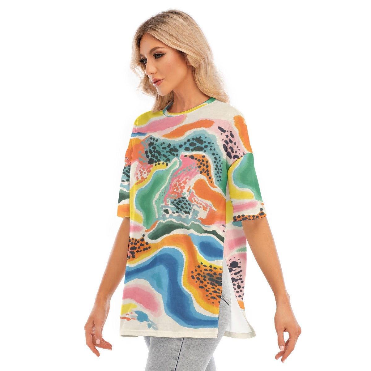 All-Over Print Women's Short Sleeves T-shirt With Hem Split