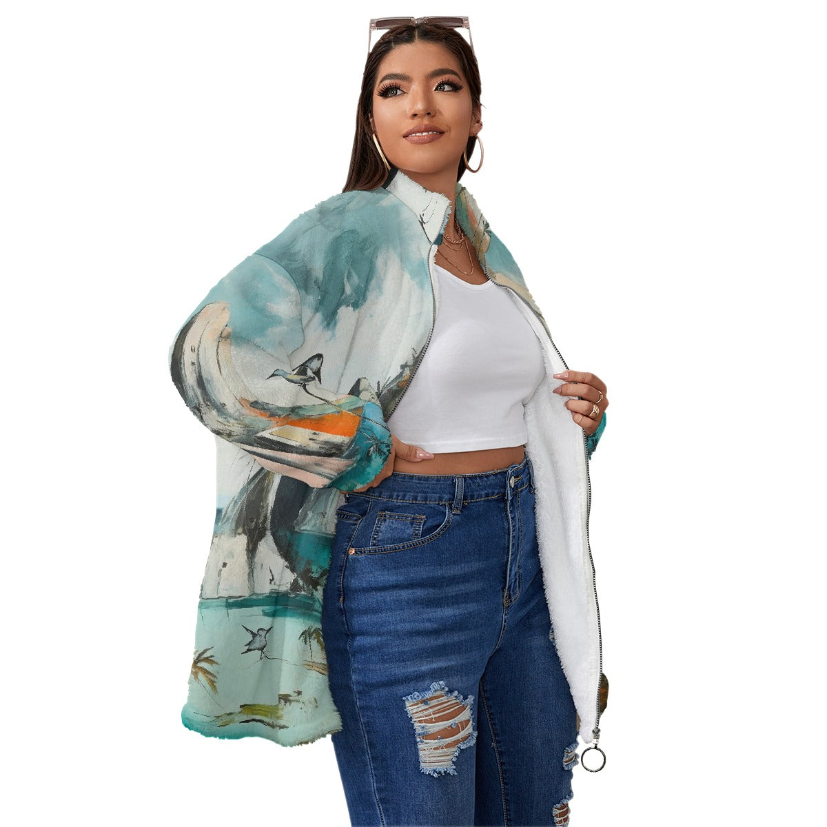 All-Over Print Unisex Borg Fleece Stand-up Collar Coat With Zipper Closure(Plus Size)