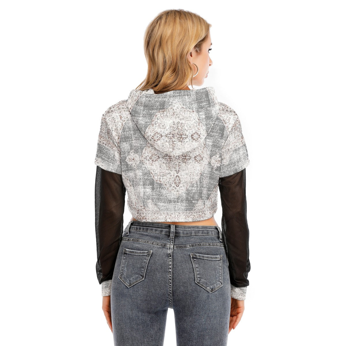 All-Over Print Women's Fake Two-piece Mesh Sleeve Cropped Hoodie