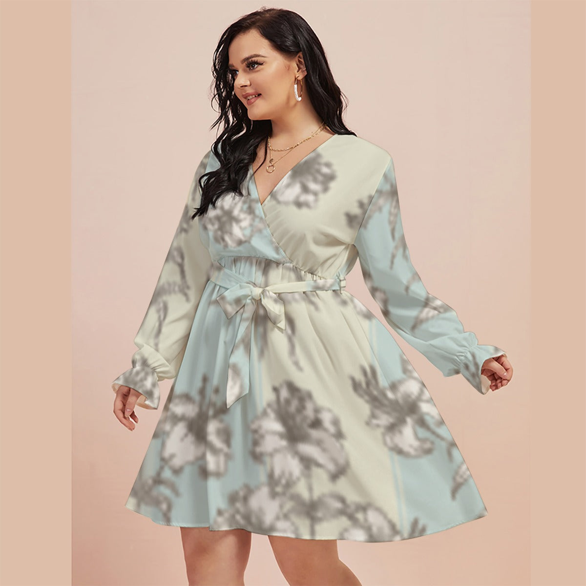 All-Over Print Women's V-neck Dress With Waistband(Plus Size)