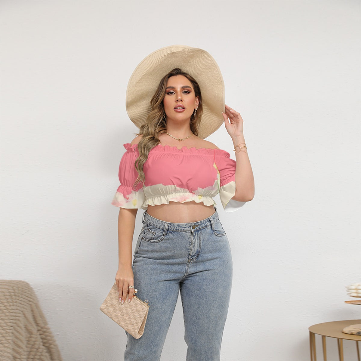 All-Over Print Women's Off-shoulder Cropped Top With Short Puff Sleeve