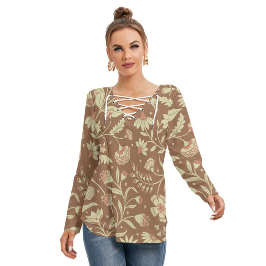 All-Over Print Women's Long Sleeve Neckline Tie Sweatshirt