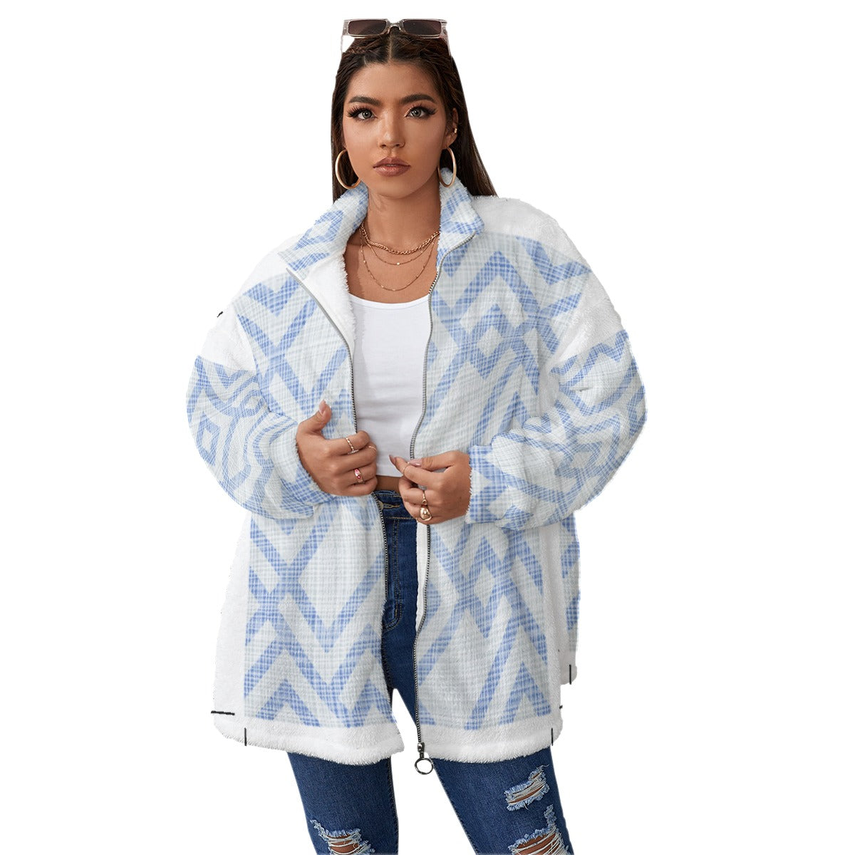 All-Over Print Unisex Borg Fleece Stand-up Collar Coat With Zipper Closure(Plus Size)