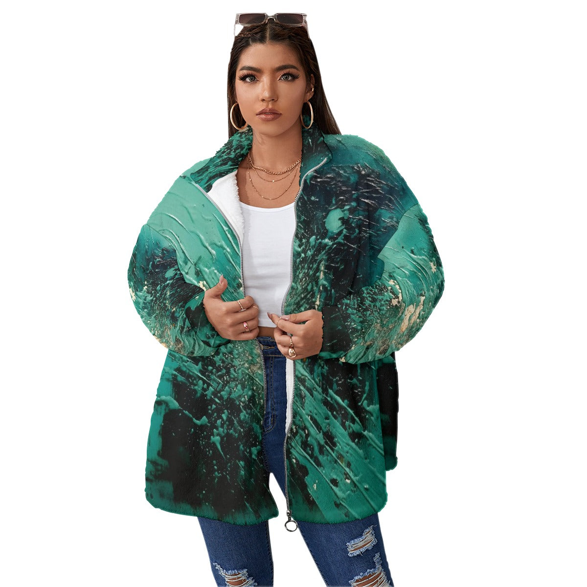 All-Over Print Unisex Borg Fleece Stand-up Collar Coat With Zipper Closure(Plus Size)