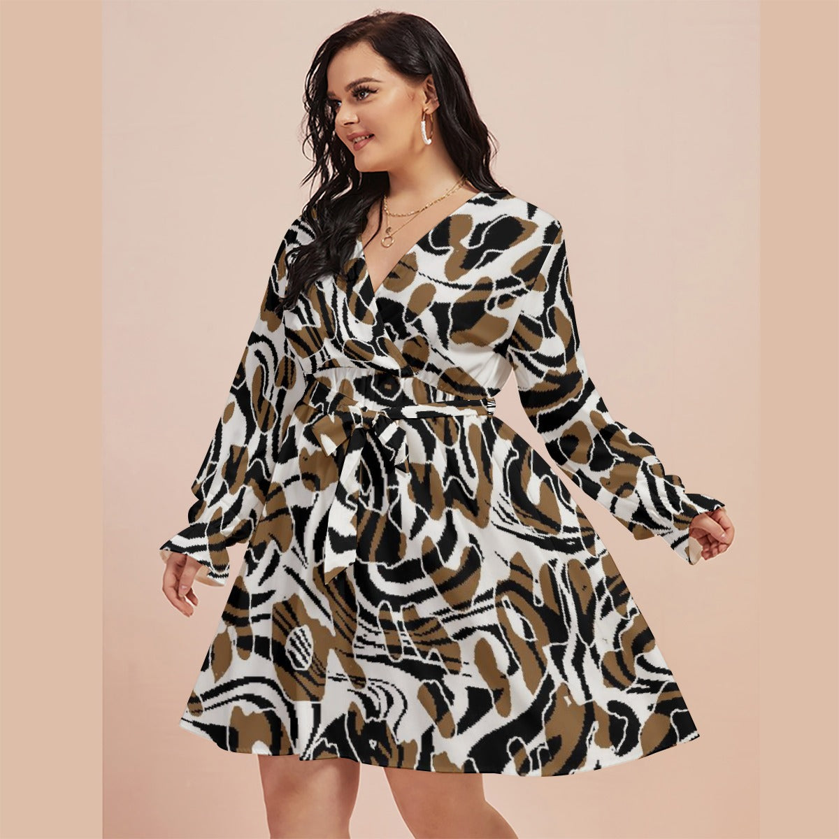 All-Over Print Women's V-neck Dress With Waistband(Plus Size)