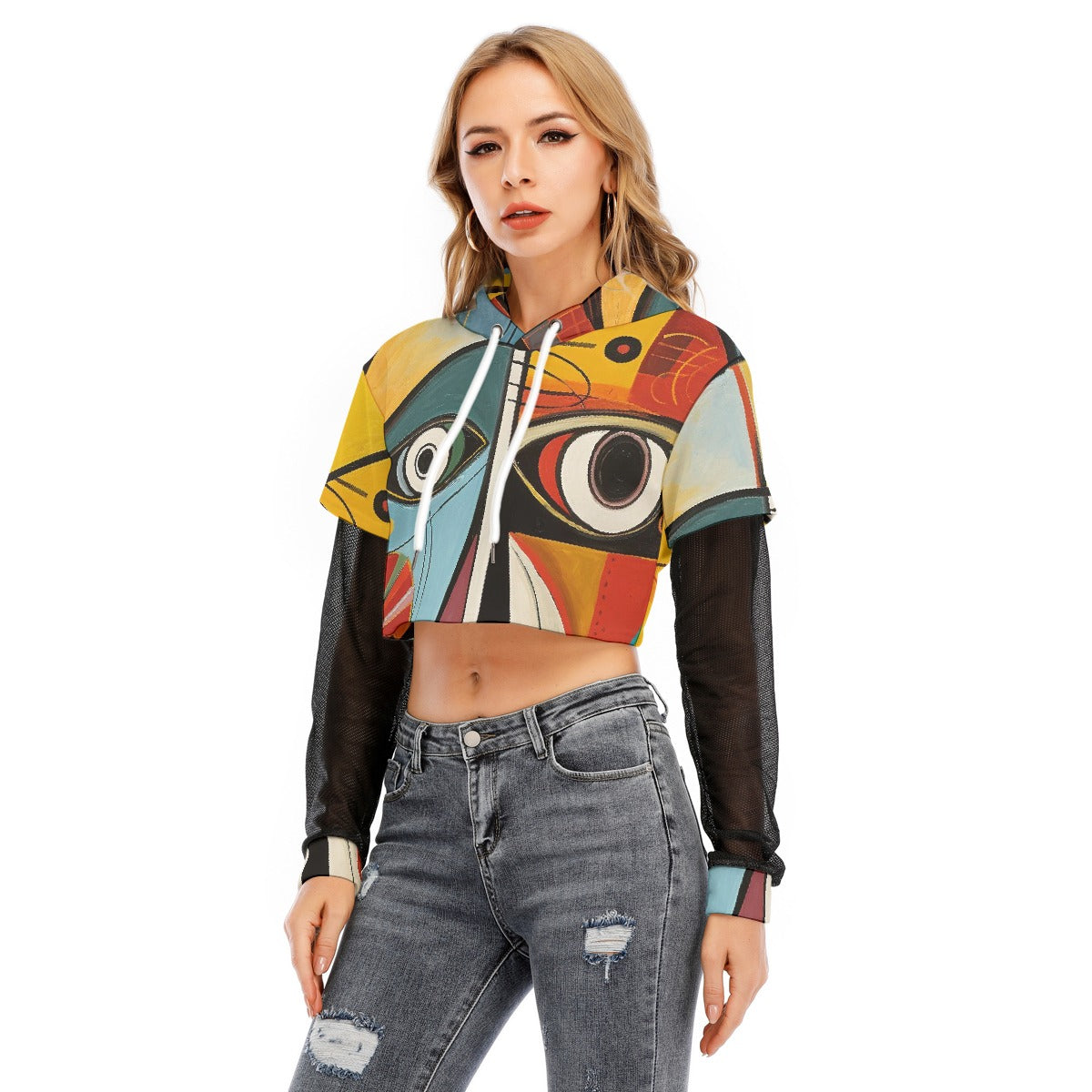 All-Over Print Women's Fake Two-piece Mesh Sleeve Cropped Hoodie