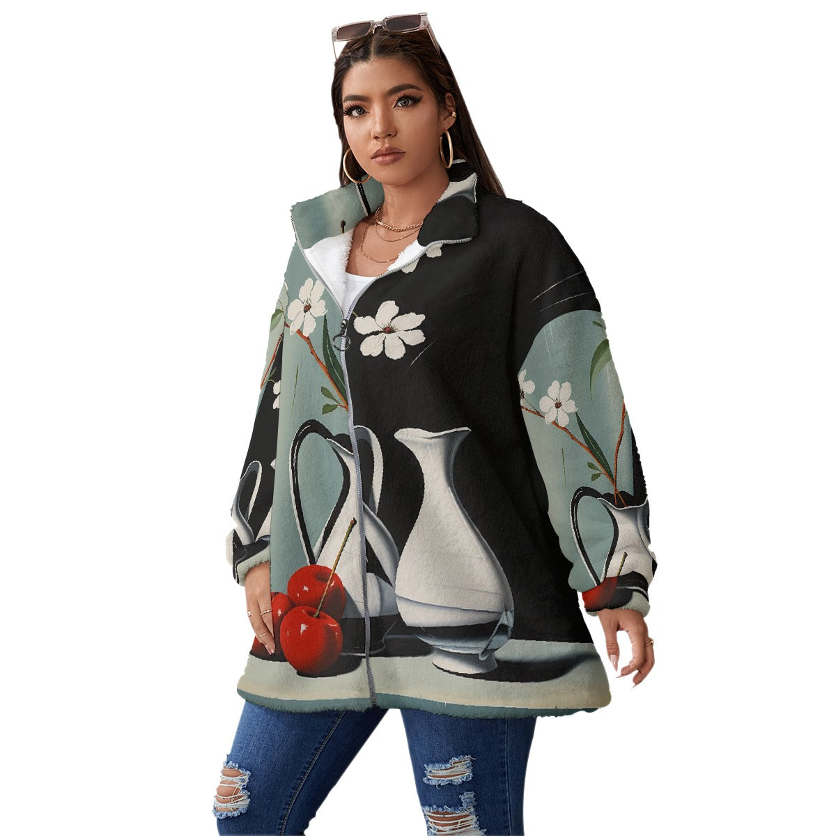All-Over Print Unisex Borg Fleece Stand-up Collar Coat With Zipper Closure(Plus Size)