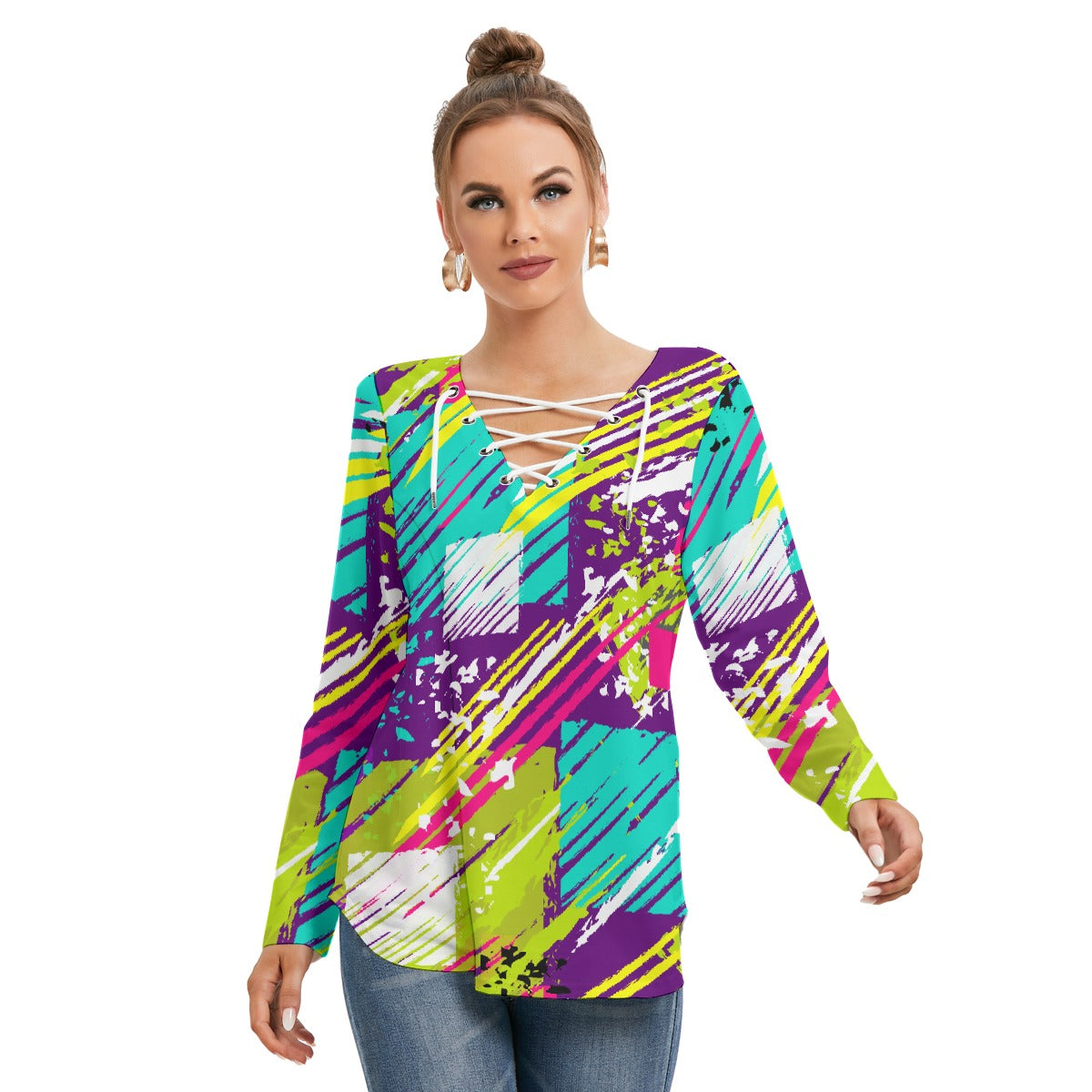 All-Over Print Women's Long Sleeve Neckline Tie Sweatshirt