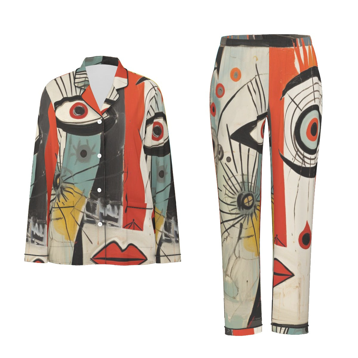 All-Over Print Women's Long Sleeve Pajama Set With Black Contrast Piping