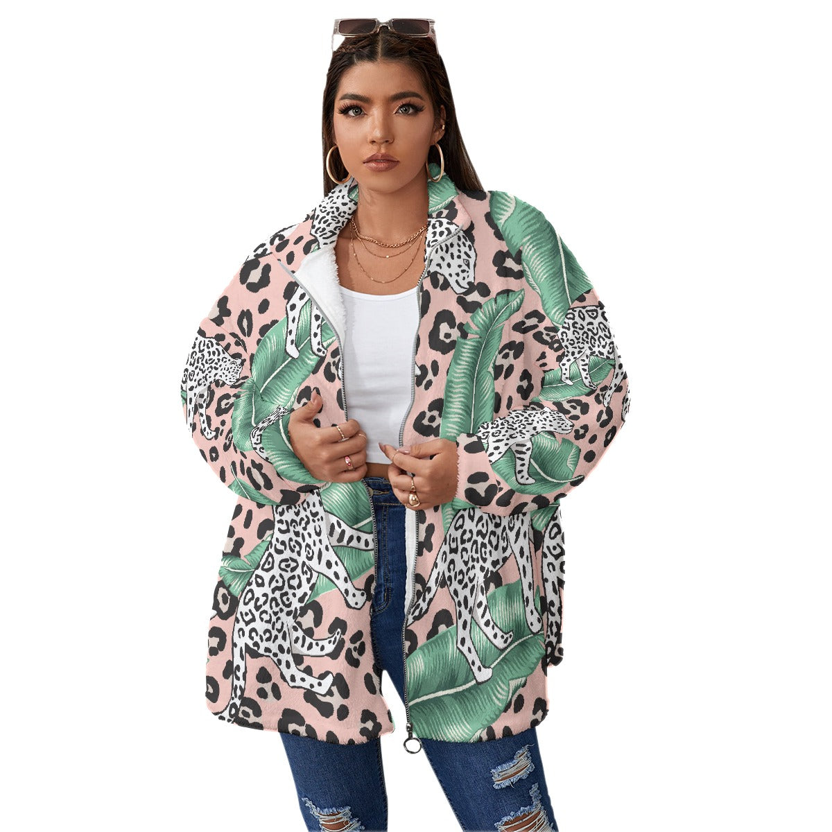 All-Over Print Unisex Borg Fleece Stand-up Collar Coat With Zipper Closure(Plus Size)