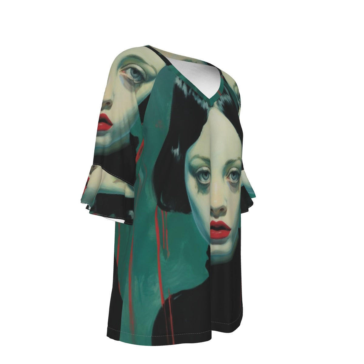 All-Over Print V-neck Women's T-shirt With Bell Sleeve