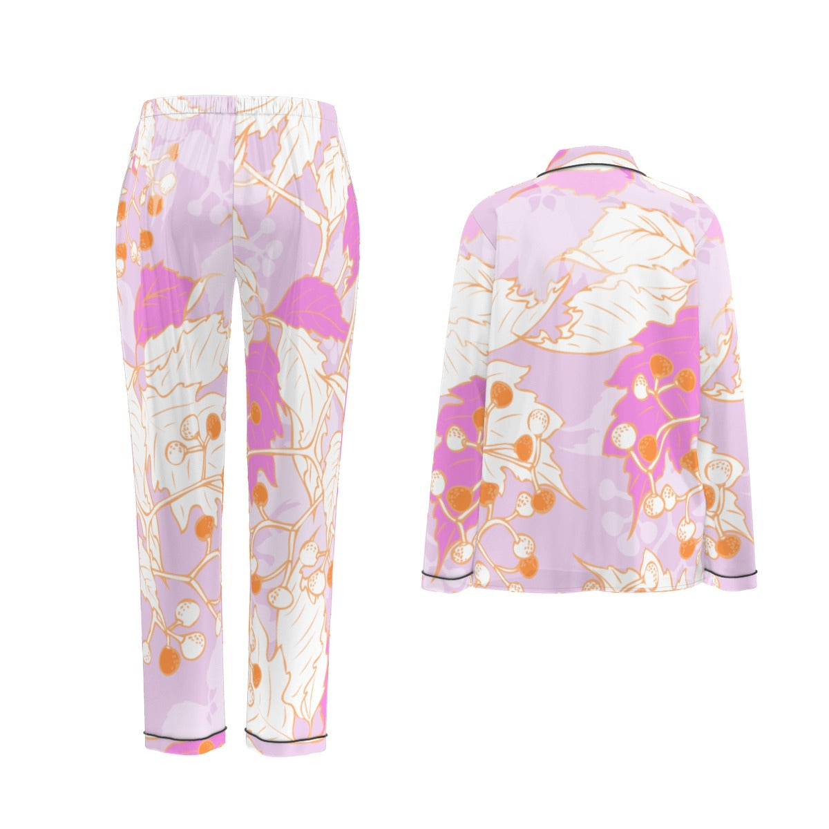 All-Over Print Women's Long Sleeve Pajama Set With Black Contrast Piping