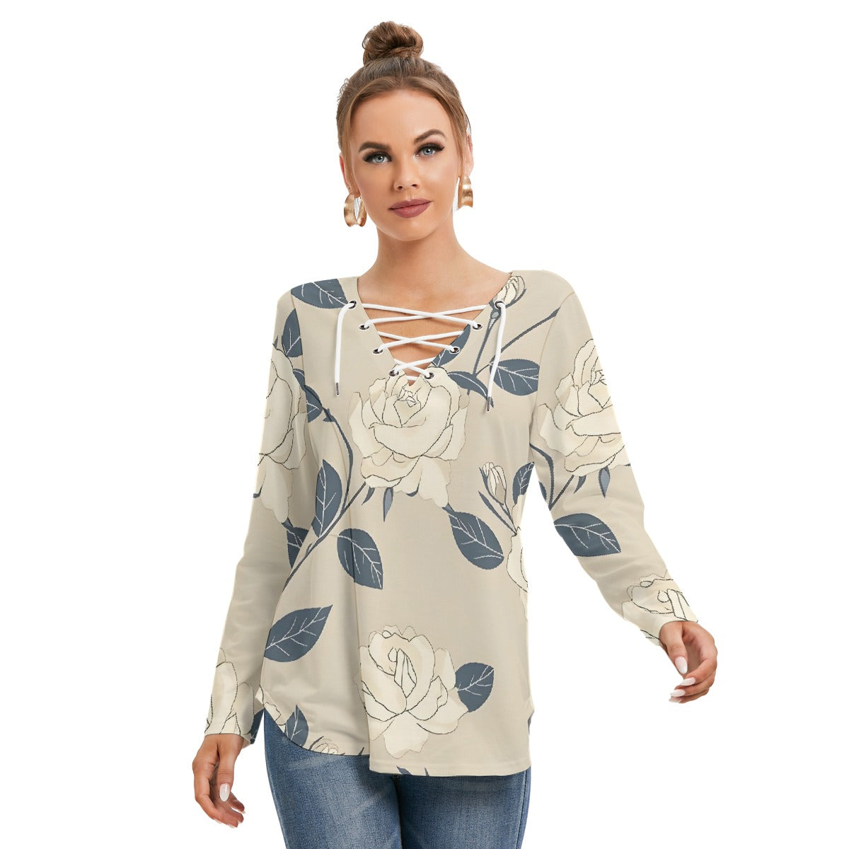 All-Over Print Women's Long Sleeve Neckline Tie Sweatshirt