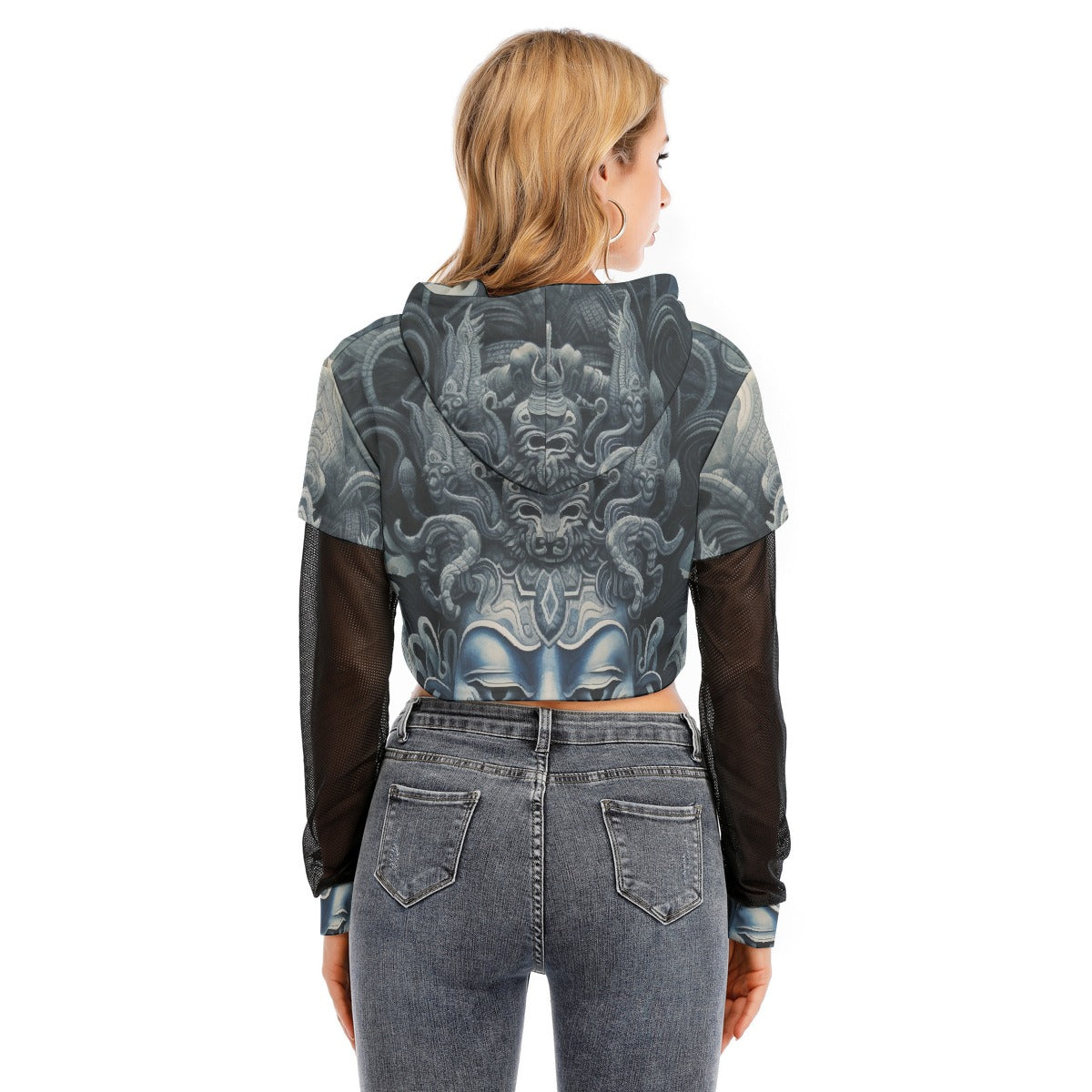 All-Over Print Women's Fake Two-piece Mesh Sleeve Cropped Hoodie