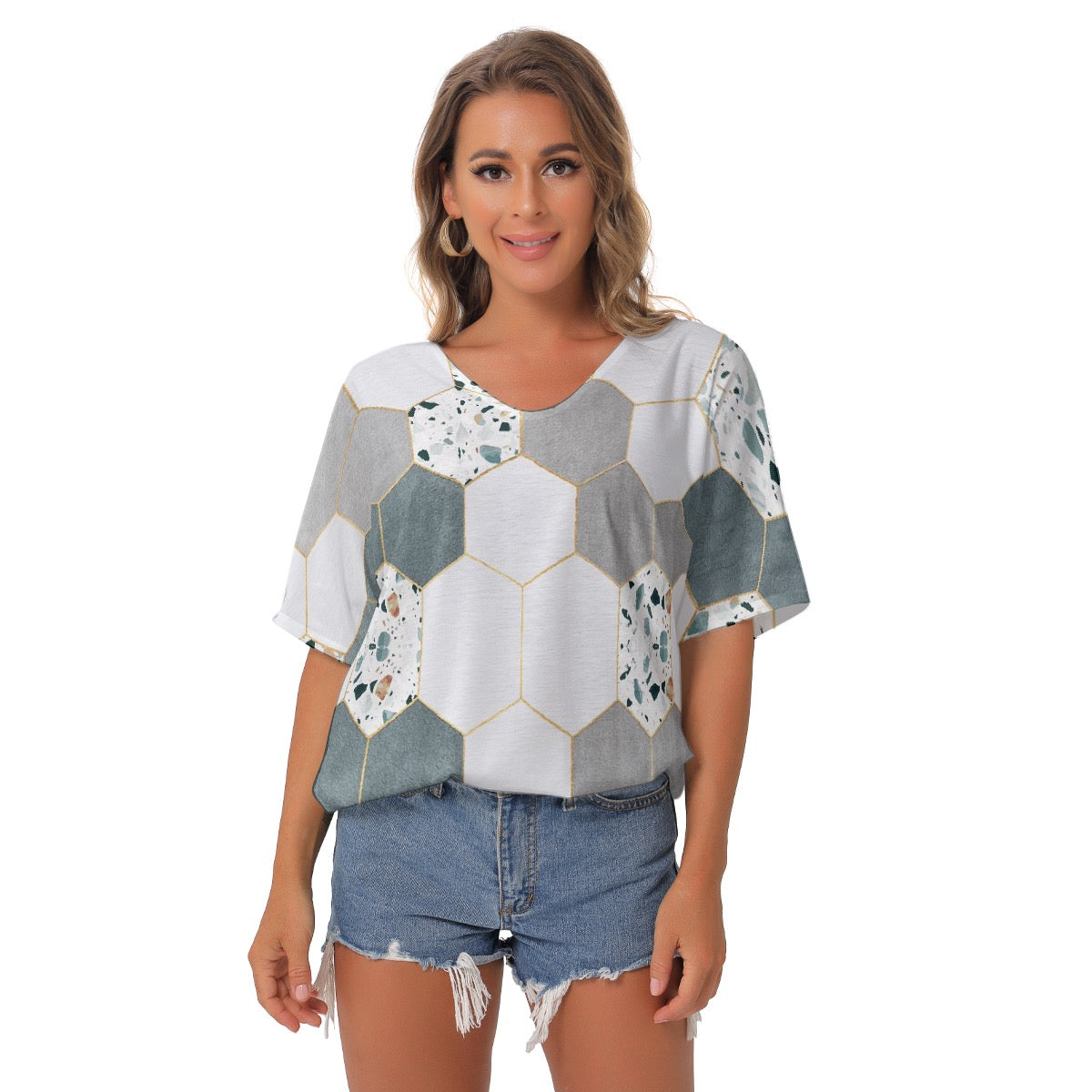 All-Over Print Women's Bat Sleeves V-Neck Blouse