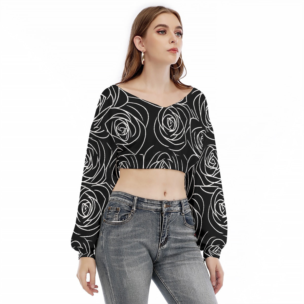 All-Over Print Women's V-neck Long Sleeve Cropped Sweatshirt