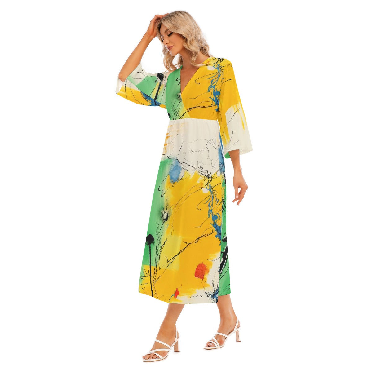 All-Over Print Women's Mid-Sleeve Long Dress