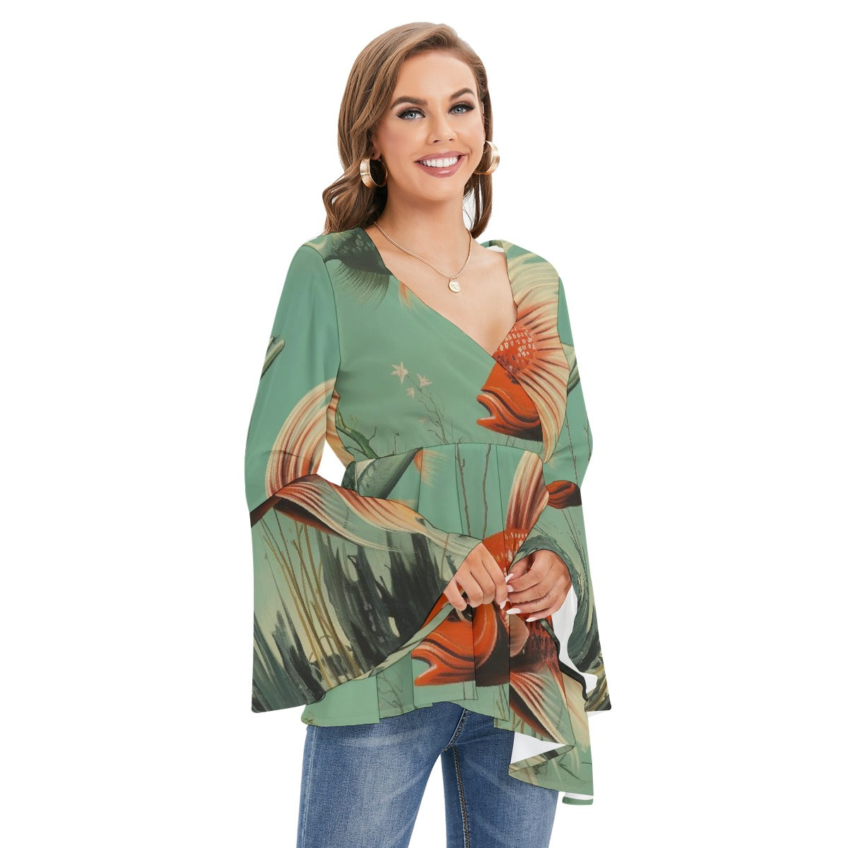 All-Over Print Women's V-neck Blouse With Flared Sleeves