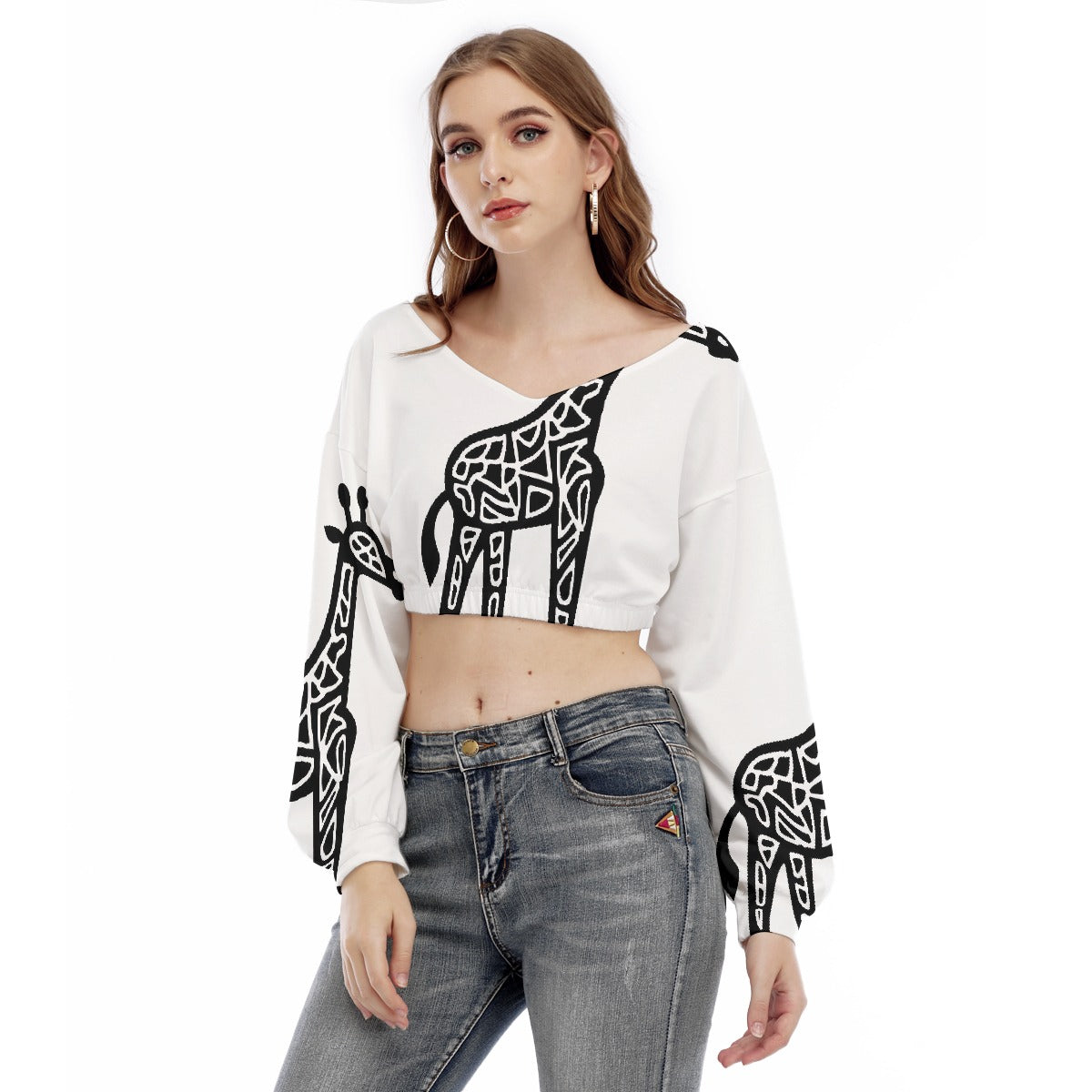 All-Over Print Women's V-neck Long Sleeve Cropped Sweatshirt