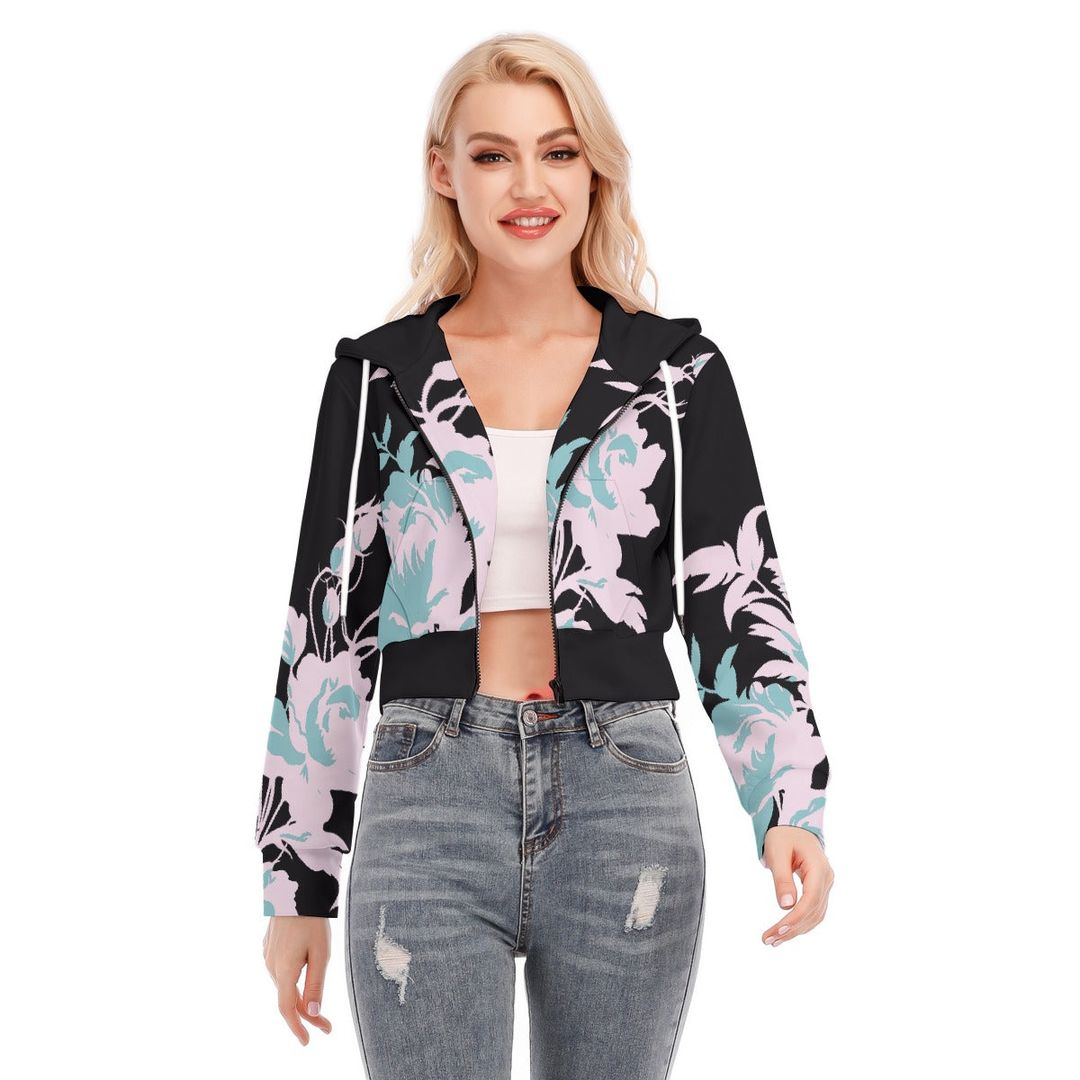 All-Over Print Women's Crop Top Hoodie With Zipper Closure