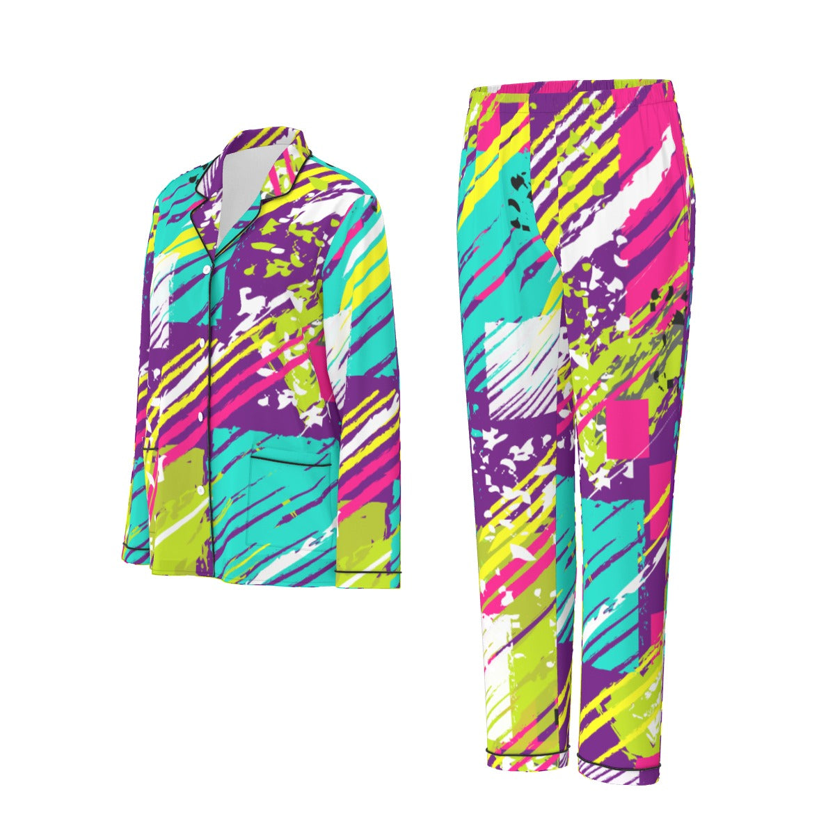 All-Over Print Women's Long Sleeve Pajama Set With Black Contrast Piping