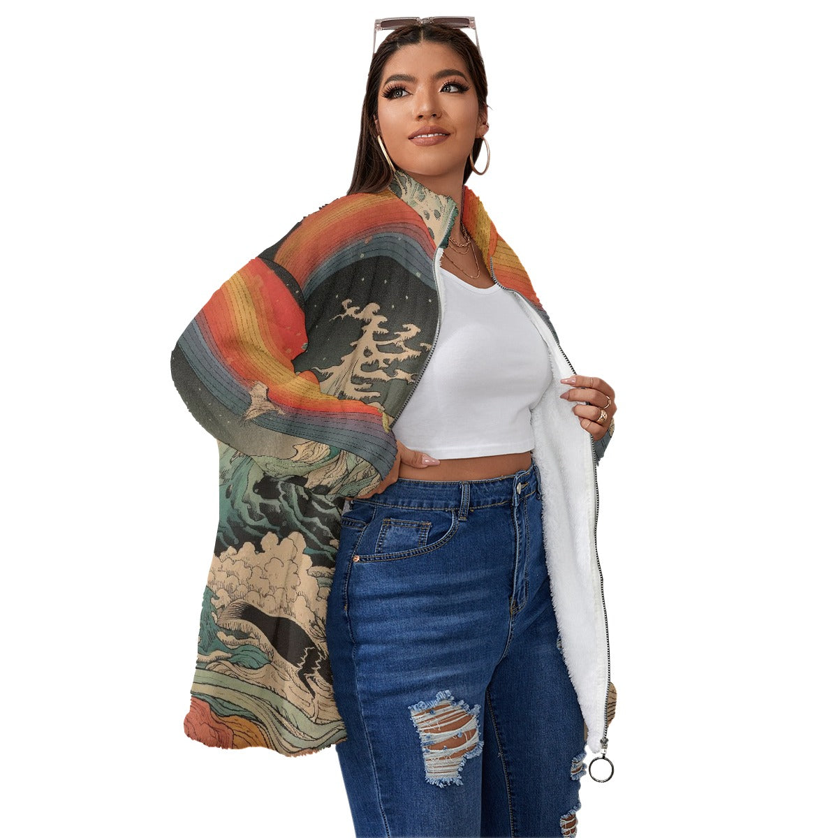 All-Over Print Unisex Borg Fleece Stand-up Collar Coat With Zipper Closure(Plus Size)