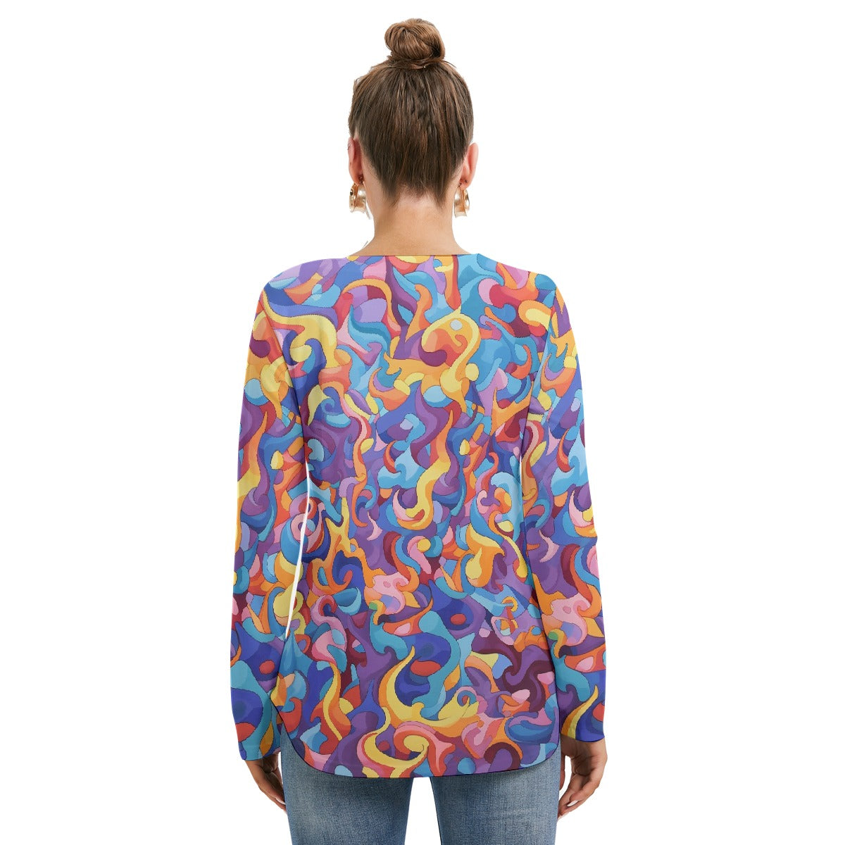 All-Over Print Women's Long Sleeve Neckline Tie Sweatshirt