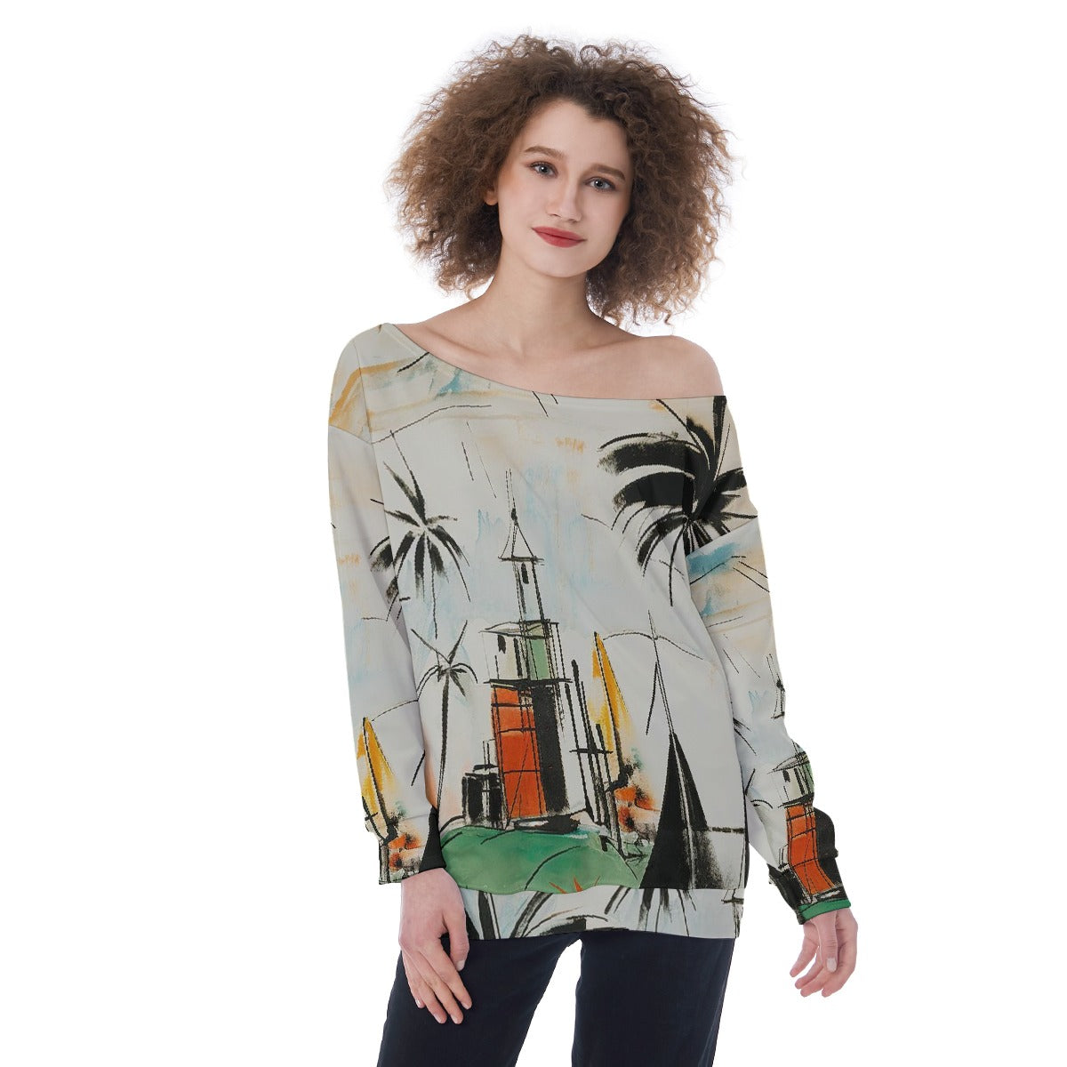 All-Over Print Oversized Women's Off-Shoulder Sweatshirt