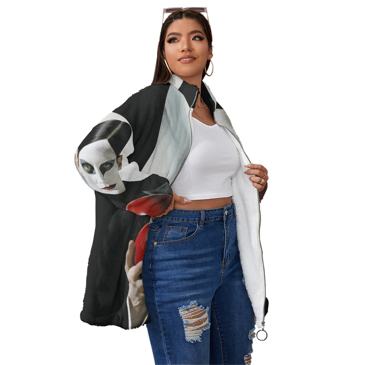 All-Over Print Unisex Borg Fleece Stand-up Collar Coat With Zipper Closure(Plus Size)