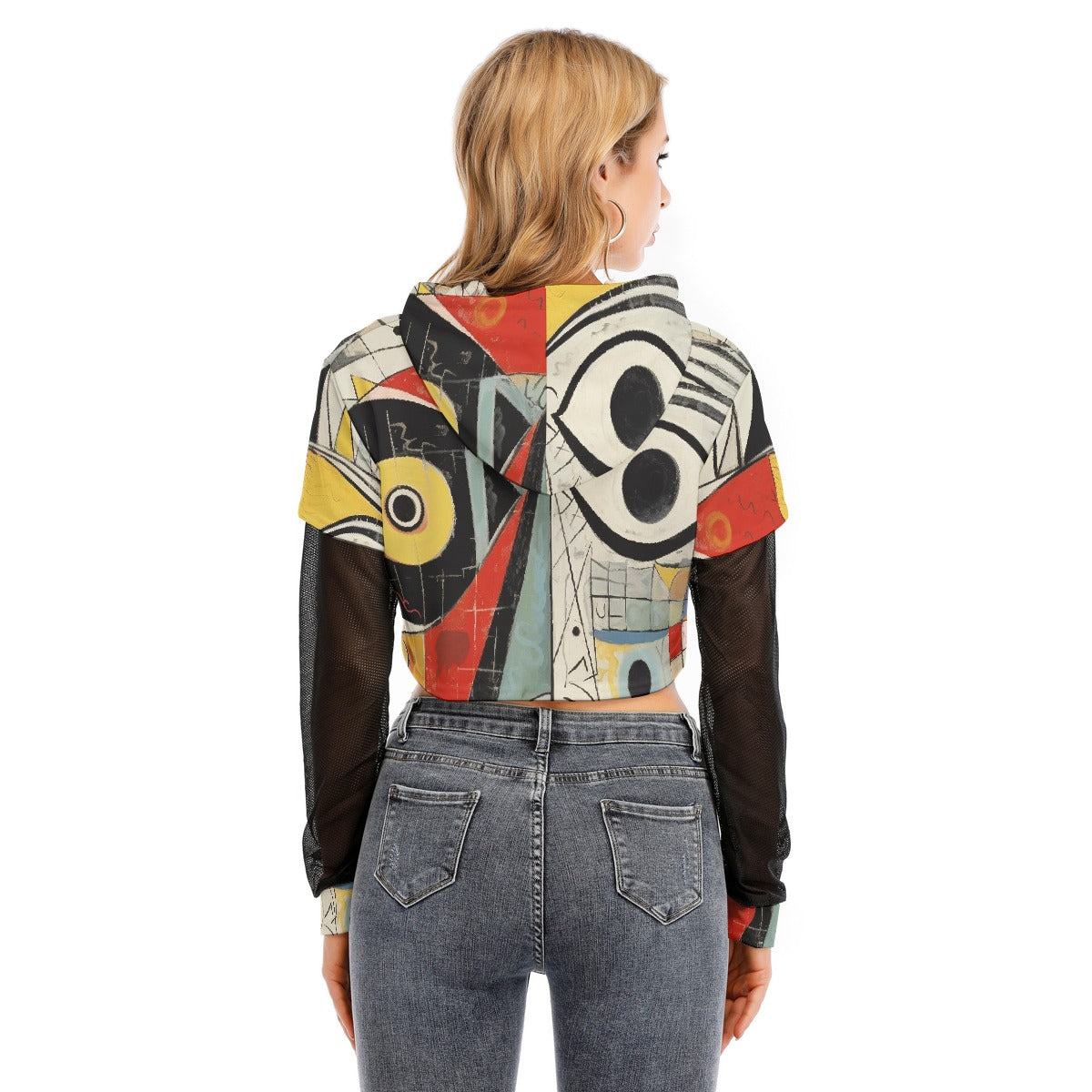 All-Over Print Women's Fake Two-piece Mesh Sleeve Cropped Hoodie