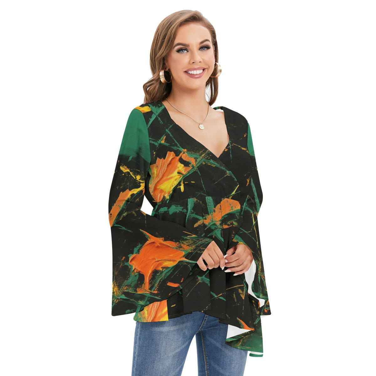 All-Over Print Women's V-neck Blouse With Flared Sleeves