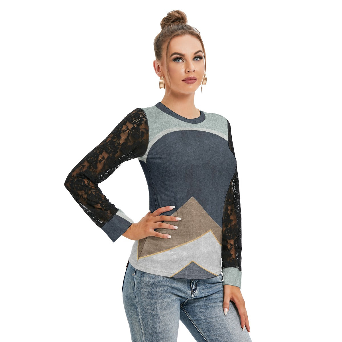 All-Over Print Women's T-shirt And Sleeve With Black Lace