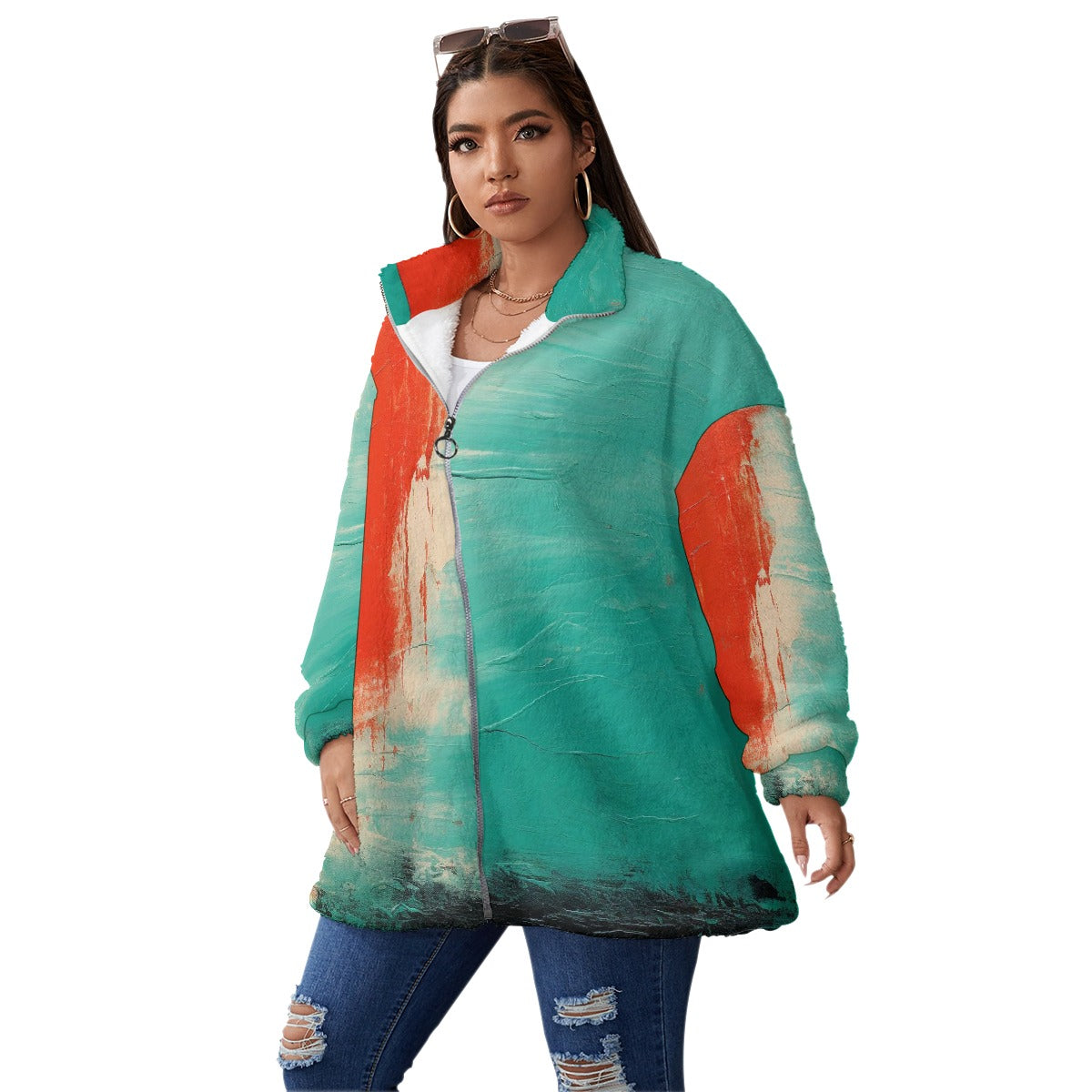 All-Over Print Unisex Borg Fleece Stand-up Collar Coat With Zipper Closure(Plus Size)