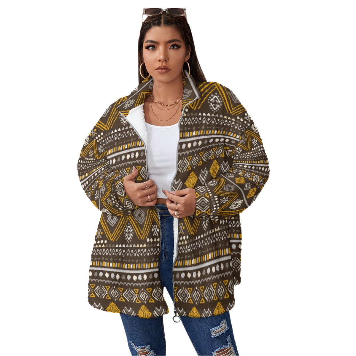 All-Over Print Unisex Borg Fleece Stand-up Collar Coat With Zipper Closure(Plus Size)