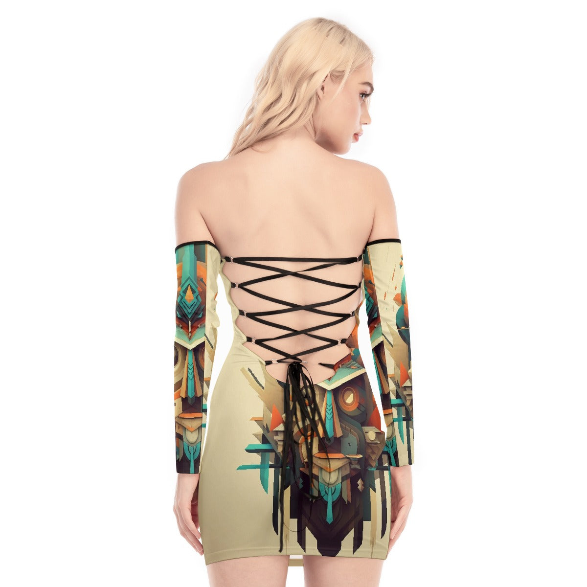 All-Over Print Women's Off-shoulder Back Lace-up Dress