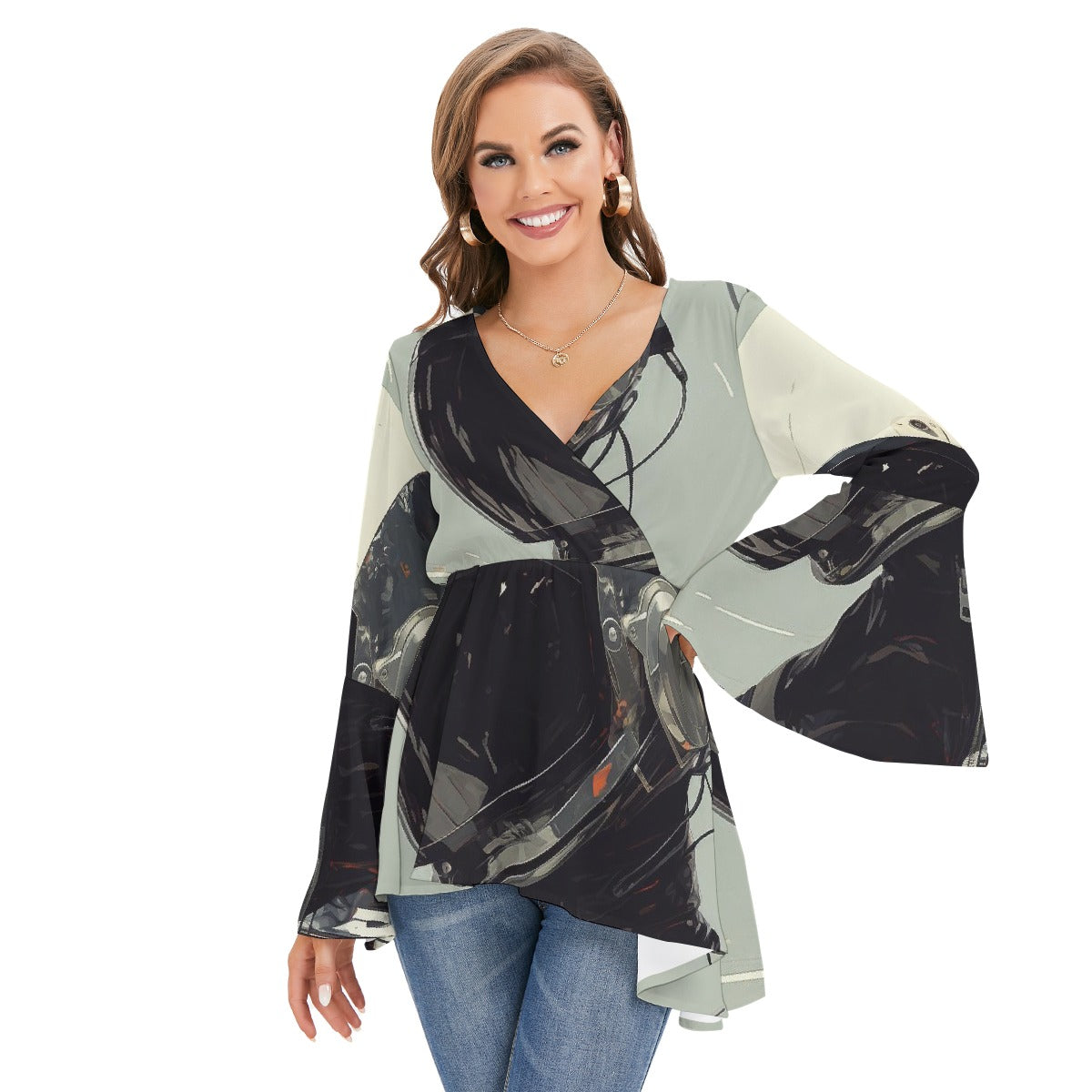 All-Over Print Women's V-neck Blouse With Flared Sleeves